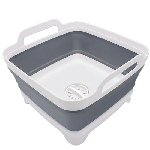 Goderewild 2.4 Gal(9L) Collapsible Dish Basin with Drain Plug, Space Saving Outdoor Multiuse Foldable Sink Tub, Dishpan, Kitchen Storage Tray for Camping, Vegetable Washing, RV (Gray)