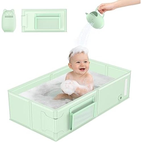 YomauiYee Baby Bathtub Green, Converts Shower to Tub, Foldable Toddler Tub with Rinse Cup, No Assembly Easy to Clean, Portable Collapsible Bath Tub for 6M-5Y, Travel Camping Hotel