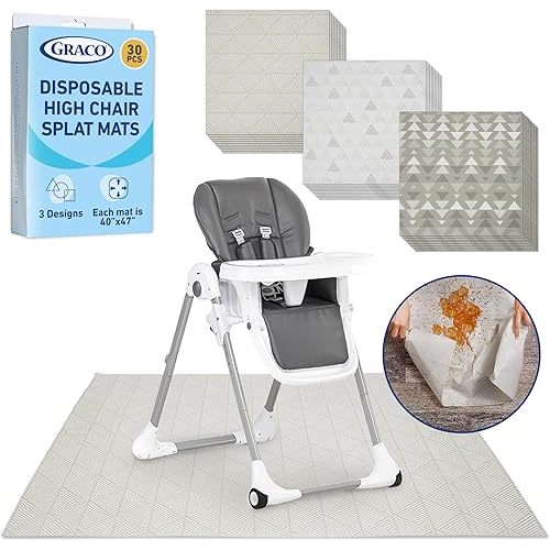 Graco Baby Disposable Splat Mats, 3 Subtle Designs 30 PACK (10 Each) 47" x 40” | Biodegradable & Compostable, Eco-Friendly Floor Protector, Under High Chair for Baby Led Weaning, Home & Restaurant Use