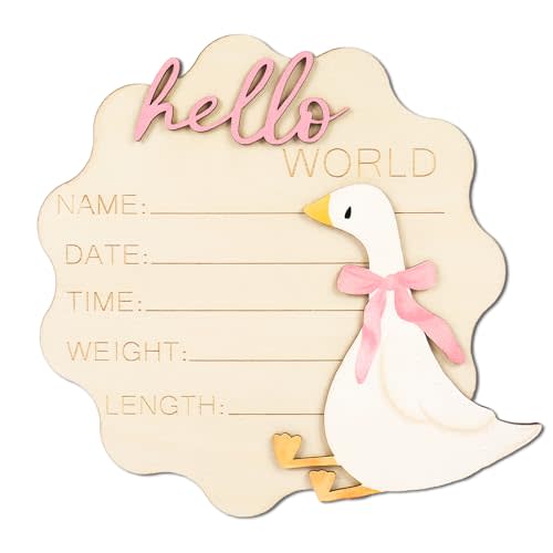 FYSUIMU Silly Goose Birth Announcement Sign Pink Bow Goose Newborn Milestone Wooden Board Hello World Newborn Sign for First Birthday Baby Shower Photo Prop Keepsake