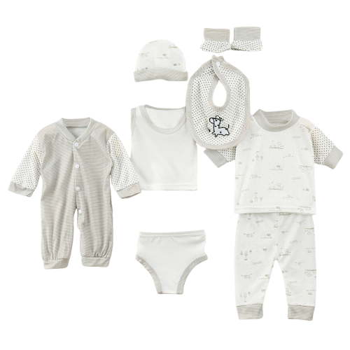 Caqnni Baby Clothing Set 8pcs Baby Boy Girl Boy Tops+Hat+Pants +Bib+Sock Shose+Romper Outfits Set to 0-3 Months Layette Gift Set Shower Gift Set (A06-Grey)