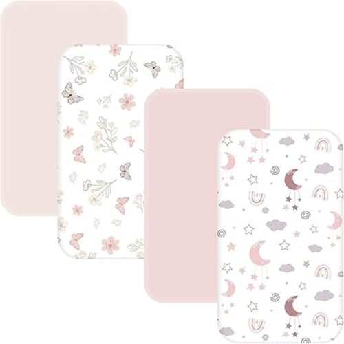 4 Pack Bedside Bassinet Sheets - 35"x20" Bassinet Sheets for Newton, Ezebaby, AMKE & Other Large Bedside Sleeper | Ultra Soft & Skin Friendly Bassinet Fitted Sheets for Girls