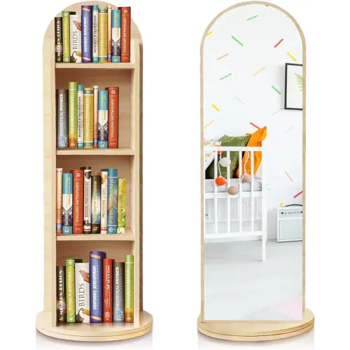DELEMODUO Kids Rotating Bookshelf with Mirror, 48inch Wood Stading Floor Bookshelf for Small Space, 4 Tier Floor Standing Bookcase Storage Rack for Bedroom, Living Room, Study Room