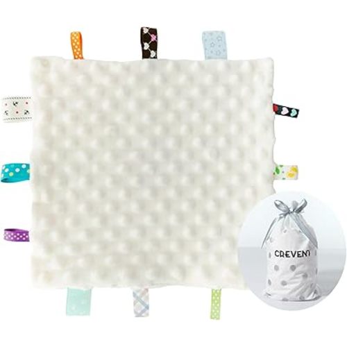 CREVENT Tag Security Blankets for Babies, Soft Small Loveys for Girls, Baby Comforter Sensory Blanket, Great Gifts for Birthday Baby Shower 10"X10" (Ivory)