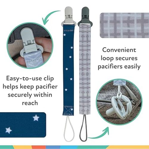 Nuby Pacifinder Baby Pacifier Clip - (2-Pack) - Pacifier Holder Clip with Convenient Hook Loop - Gray Plaid and Blue Stars
