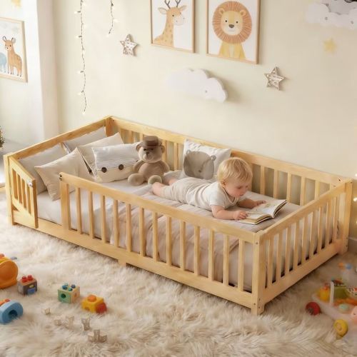 Bellemave Twin Kids Wood Floor Bed Frame with Safety Guardrails & Removable Door, Montessori Toddler Floor Bed, natural