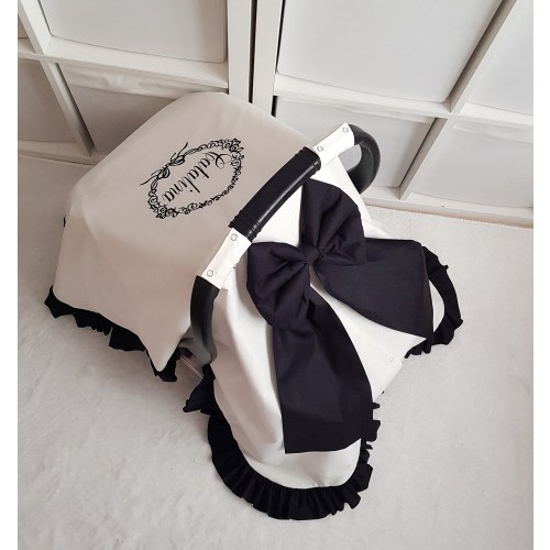 Light Cream and Black Baby Carseat Cover Girl with Ruffle , Personalized Baby Car Seat Canopy Girl , Baby Shower Gift for Baby Girl