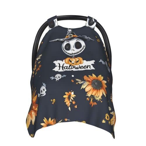 AuHomea Halloween Pattern in Black Skulls Baby Car Seat Canopy and Nursing Cover for Breastfeeding Multi-Use Cover Lightweight Infant Stretchy Carrier Cover for Newborn Girls Boys