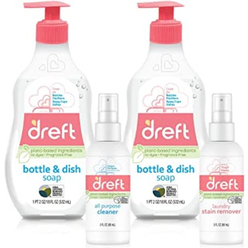Dreft Bottle and Dish Soap Baby Gift Bundle, Plus Travel Size Dreft Stain Remover & All Purpose Cleaner Spray, Plant-Based Ingredients & Fragrance Free Formula, 4 Piece Set