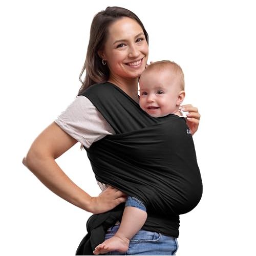 Cuddlebug Hands-Free Baby Carrier - Soft & Stretchy Wrap for Newborn to Toddler 7-35 lbs - One-Size-Fits-All Hip-Healthy Holder (Black)
