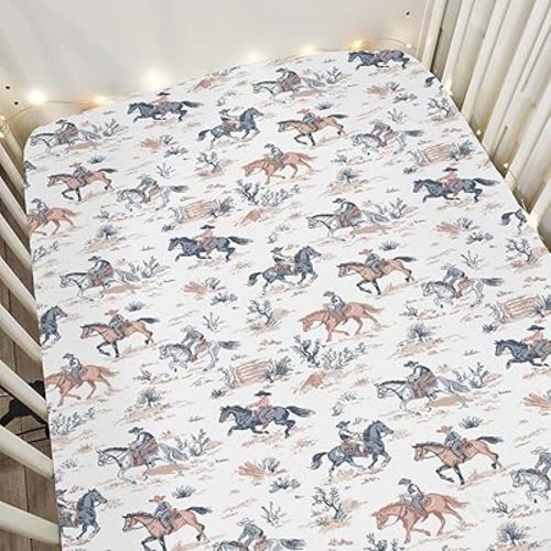 Western Cowboy Baby Crib Sheets for Boy Girl 28"x52" Cowboy Horse Soft Stretchy Fitted Crib Mattress Cover Wild West Desert Baby Sheet Fits Crib and Toddler Bed Mattresses