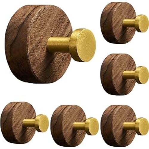 5 Pcs Adhesive Wooden Wall Hooks for Hanging, Multi-Purpose Strong Bearing Capacity Farmhouse Natural Rustic Walnut Wood Hooks for Coats, Towel, Hat, Keys, Purse(Gold)
