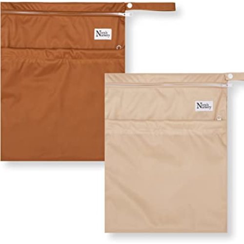 Nora's Nursery Wet Dry Bags with Two Zippered Pockets - Reusable and Washable Wet Bag for Swimming, Travel, Beach, Pool, Daycare, Cloth Diapers, Toiletries and Wet Swimsuits - 11x15 - Desert - 2 Pack