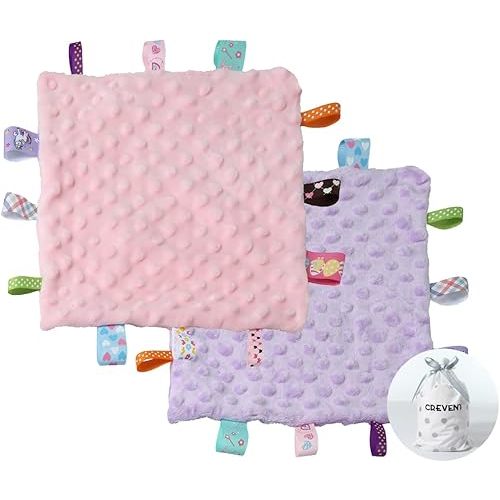 CREVENT Tag Security Blankets for Babies, Soft Small Loveys for Girls, Baby Comforter Sensory Blanket, Great Gifts for Birthday Baby Shower 10"X10" (Purple+Pink Tag, Crib)