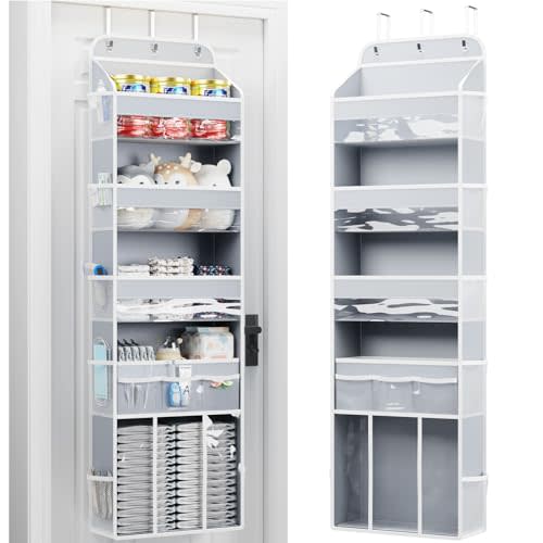 OneDream Over the Door Organizer for Nursery, 5-Tier Baby Clothes Organizer with Removable Storage Caddy, Hanging Behind Door Storage with Clear Pockets and Side Mesh Compartments, Grey