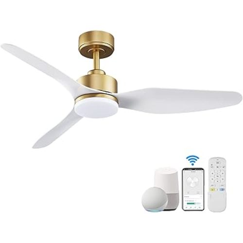 48 Inch Smart Ceiling Fans with Lights and Remote Control,Dimmable LED Light,Outdoor Indoor Gold White Ceiling Fan,Quiet DC Motor,WIFI Alexa App Workable,for Modern Bedroom Living Room Patio
