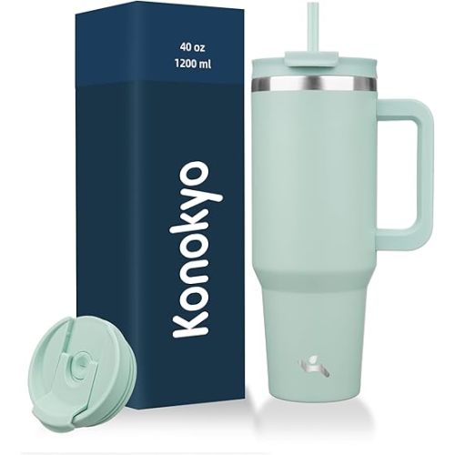 40 oz Tumbler with Handle and 2 Straws,2 in 1 Lid Insulated Water Bottle Stainless Steel Travel Coffee Mug,Retro Green