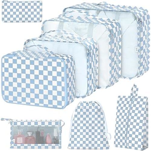 8 Set Packing Cubes for Suitcases,Packing Cubes with Shoe Bag, Cosmetics Bag, Clothing Bag, Accessories Bags Packing Cubes for Travel Luggage Organizer Women Men(Blue Checkered)