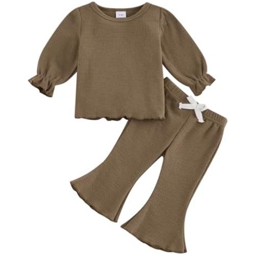 fhutpw Infant Girl Clothes Lantern Sleeve Solid Top and Flared Pants Sets Baby Newborn 6 12 18 Months 2T Fall Winter Outfits