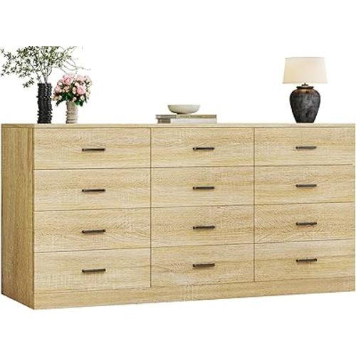 HUAHUU 60 Inch 12 Drawer Dresser for Bedroom, Long Mid Century Modern Dressers, Wood Vintage Chests of Drawers TV Stand up to 65", Large Storage Organizer for Bedroom, Closet, Entryway, Natural