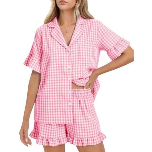Flygo Womens Cotton Pajamas Set Gingham Lounge Sets Ruffle Shorts Pjs