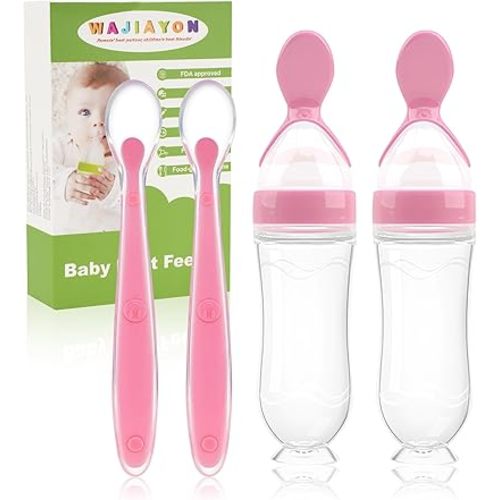 WAJIAYON Baby Food Feeder 4 Pack Silicone Baby Food Dispensing Spoon-3 oz Squeeze Feeding Spoons with Suction Cup for Boys Girl Kids Toddlers - Self Feeding Bottle Spoon-Pink