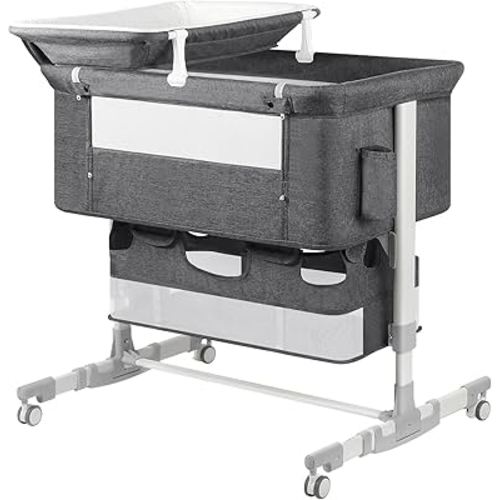 Baby Bassinet Bedside Sleeper with Diaper Changing Station + Mosquito Net + 16gallon Capacity Storage, Adjustable & Portable Bassinet Cosleeping Baby Bed (Grey)