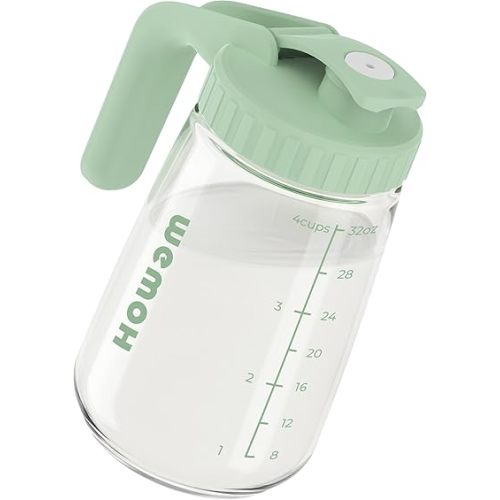 32oz Breast Milk Pitcher, 3X-Thick Heat & Cold Resistant Borosilicate Glass, Leakproof Breast Milk Fridge Storage Container with Wide Mouth & Ergo Grip, Dishwasher Safe, Fast Baby Formula Maker