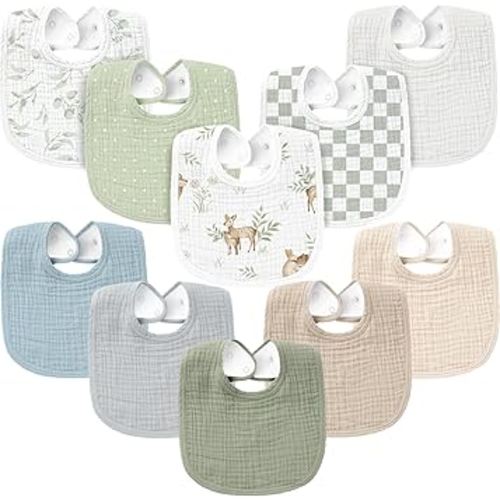Konssy 10-Pack Muslin Baby Bibs, Soft Cotton Bandana Bibs for Drooling & Teething, Unisex Solid Colors for Boys & Girls, Newborn & Infant