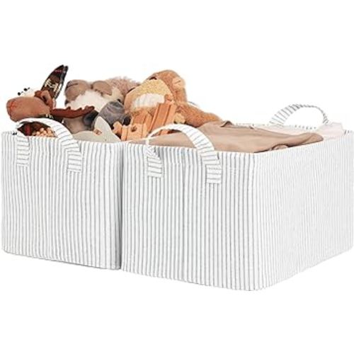 StorageWorks Storage Bins, Fabric Storage Bins for Shelves, Storage Baskets with Metal Frame, Closet Baskets and Bins with Handles, Gray and White Stripes, 2-Pack