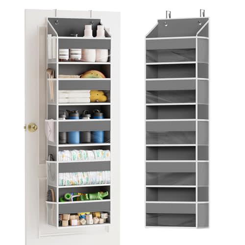 SpaceAid 1 Pack Over The Door Organizer with 5 Large Pockets and 10 Mesh Side Pockets, 5 Layers Door Organizer Hanging with Clear Window for Bedroom, Bathroom, Pantry and Nursery, Gray