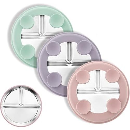 Stainless Steel Suction Plates for Toddlers, 8" Divided Kids Baby Plates with Removable Silicone Suction, Non Toxic Non Slip Portion Control Snack Dishes 3 Packs, Pink Lilac Sage