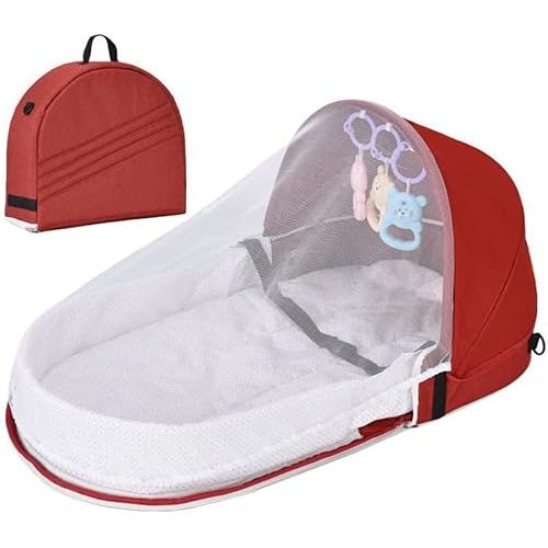 Baby Travel Cot, Portable Foldable Crib with Net and Storage Bag, Bionic Design for Newborns 0-18 Months, Breathable Linen Cotton Material (Red Wine)