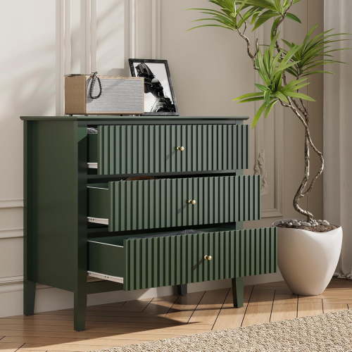 Sunvivi Fluted 3 Drawer Dresser with Spacious Storage and Ball Bearing Slides, Green