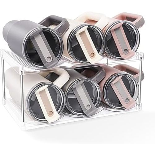 2-Tier Stackable Water Bottle Organizer,40 oz Tumbler Organizer,Space-Saving Storage Plastic Holder Rack for Large Cups & Bottles,Ideal for Home and Kitchen Cabinet,Countertop,Pantry,Wine Rack,Holds 6