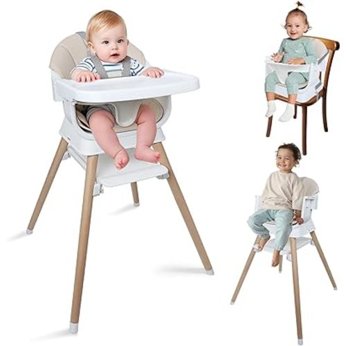 9 in 1 Convertible Baby High Chair with Booster, Wooden Highchair for Babies and Toddlers with Adjustable Tray & 5-Point Harness, Multi-Functional Growing Seat for Feeding, Learning & Play, Beige