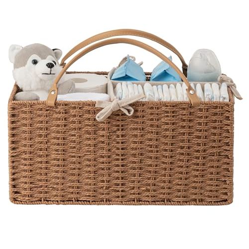 HBlife Baby Diaper Caddy Organizer, Paper Rope Storage Baskets Nursery Bin with Removable Divider, Portable Car Organizer for Diapers, Baby Shower Gifts, Newborn Essentials Must Haves