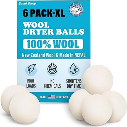 Wool Dryer Balls - Smart Sheep 6-Pack - XL Premium Natural Fabric Softener Award-Winning - Wool Balls Replaces Dryer Sheets - Wool Balls for Dryer - Laundry Balls for Dryer, 6 Count (Pack of 1)
