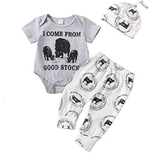 SAYOO Western Newborn Baby Boys Cowboy Outfits Cow Print Letter Bodysuit+Long Leggings+Cap 3pcs Infant Boy Country Clothes