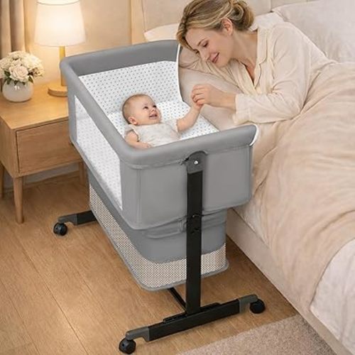 Baby Bassinet Bedside Sleeper - 3 in 1 Adjustable Height Bedside Bassinet with Breathable Mesh, Wheels & Storage Basket and Bag, Portable Folding Baby Cradle for Infants & Newborns, Grey