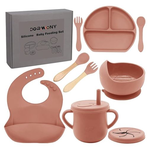 100% Silicone Baby Feeding Set, 9 Pcs: Bib, Divided Plate, Bowl, Sippy Cup, Spoons & Forks (Carrot)