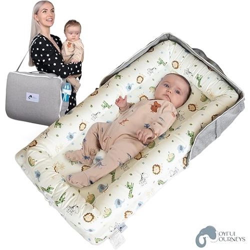 Joyful Journeys Baby Lounger - 2 in 1 Infant Lounger Baby Nest/Diaper Organizer - 100% Cotton Lounger Pillow - Portable Baby Lounger Travel Bed - Newborn Essential - 0-18 Months (Blue Zoo Animals)