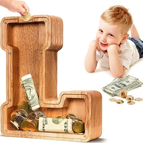 SummiDate Wooden Letter Piggy Bank| Piggy Bank for Boys Girls Toddler| Alphabet L Money Bank| Coin Bank Birthday Gift for Kids|Birthday Gift for Kids (L)