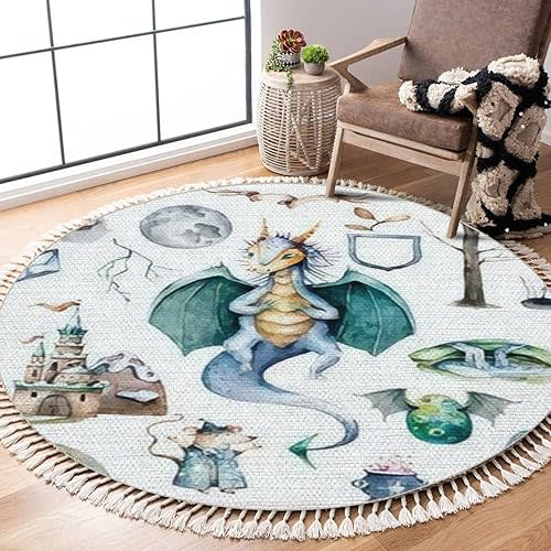 Round Area Rugs Magic Cute Baby for Girls Fairy Castle Dragon Colorful Rainbow Woven Rug Boys Bedroom Decor Bathroom Powder Room Playroom Boho Carpet Outdoor Rug Minimalist Home Decor, 4 ft