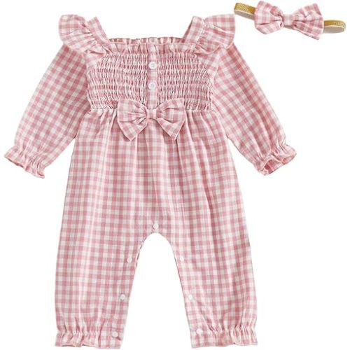 Newborn Baby Girls Plaid/Striped Long Sleeve One Piece Romper Jumpsuit Smocked Bodysuit Playsuit with Headband
