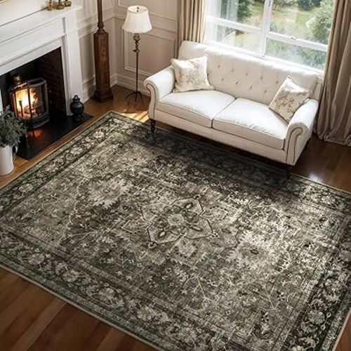 Olive Green Washable 5x7 Area Rugs for Living Room Rug Bedroom Rug-Carpet Neutral Vintage Dining Room Rugs for Under Table Soft Comfortable Non Slip