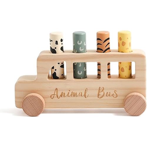 Wooden Pop Up Toys for Babies | STEM Montessori Toys Color Animal Bus for Toddlers | Preschool Learning Toddler Educational Gifts for Kids Boys Girls | Baby Toy Games