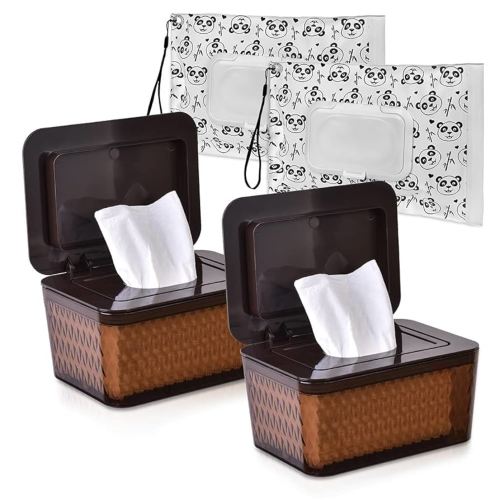 Wipes Dispenser & Wipes Pouch/Tissue Bag, Wipes/Tissue Case with Moisture Seal Secure Lid, Non-Slip Rubber Feet & Sealing Design Keeps Wipes Fresh, Dustproof Wipes Container(2BN+2Panda)
