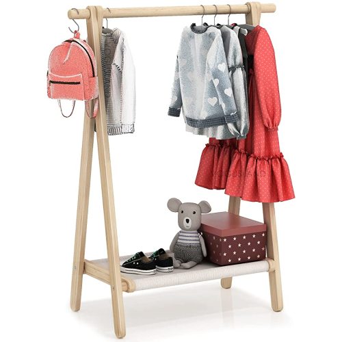 Dress up Rack, Child Garment Rack, Kids Clothing Rack with Storage Shelf (Natural Beech, 29.5" L x 14.5" W x 40" H)