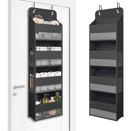 Over The Door Hanging Organizer with 4 Large Pockets – Closet, Bathroom, Nursery, Bedroom, Dorm Storage for Toys, Cosmetics, and Baby Essentials, Black